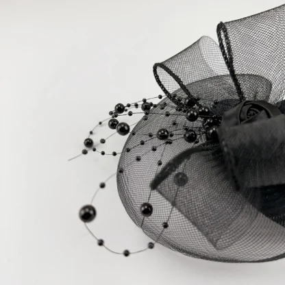 Black Cocktail Hat with Beads Design - Image 2