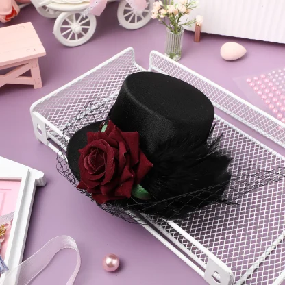 Black Mini Top Hat Fascinator with Net Veil - Image 2