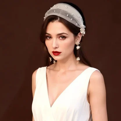 Elegant Mesh Headpiece with Pearl-like Design - Image 3