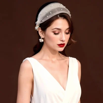 Elegant Mesh Headpiece with Pearl-like Design - Image 2